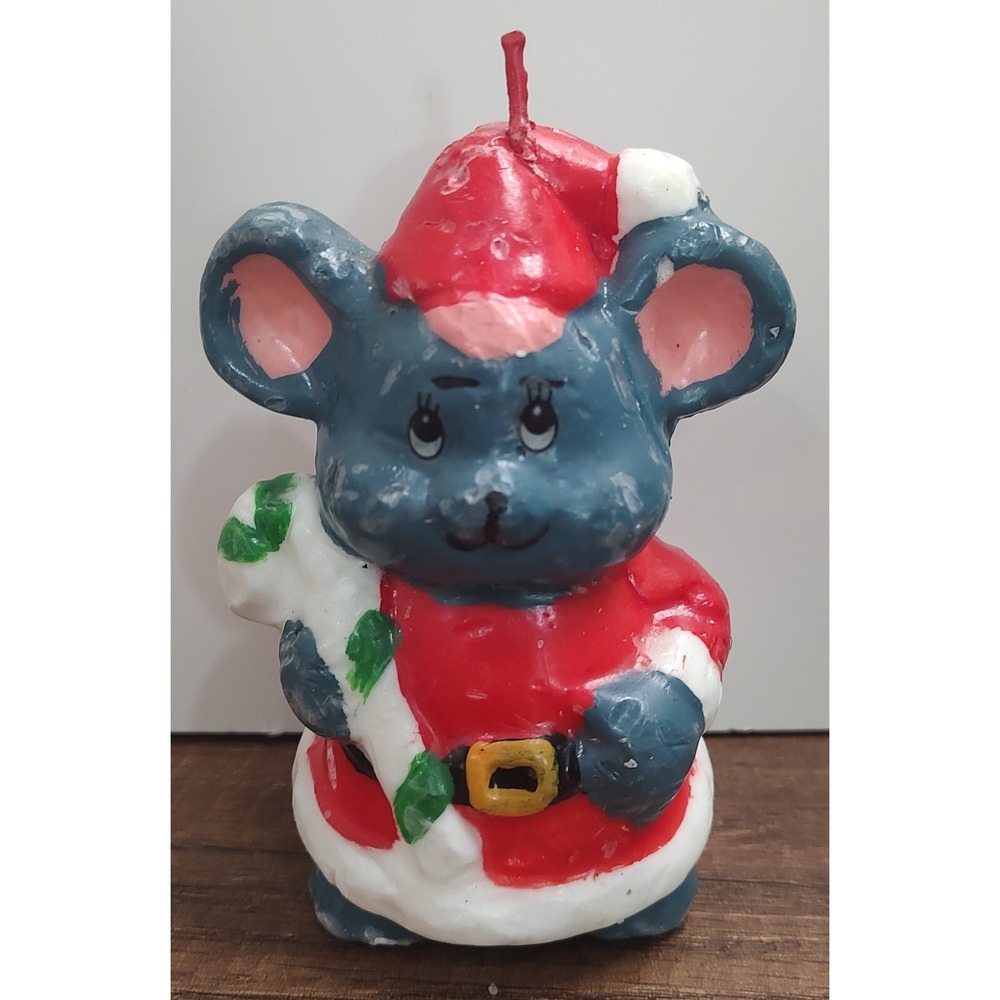 Vintage 1980s Christmas Mouse With Candy Cane Candle Holiday Decor A3